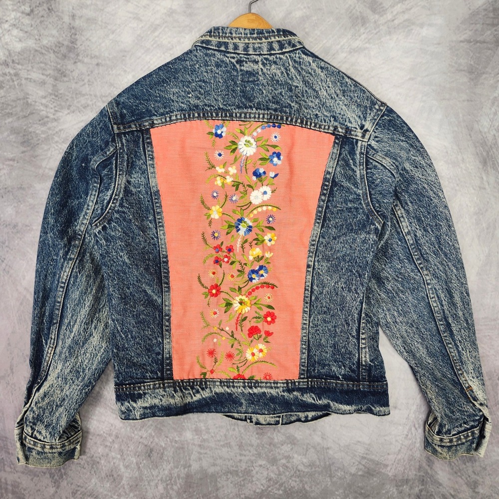 Vtg 80s Lee Riders Embroidered Floral Acid Wash Denim Jacket USA Small Boho